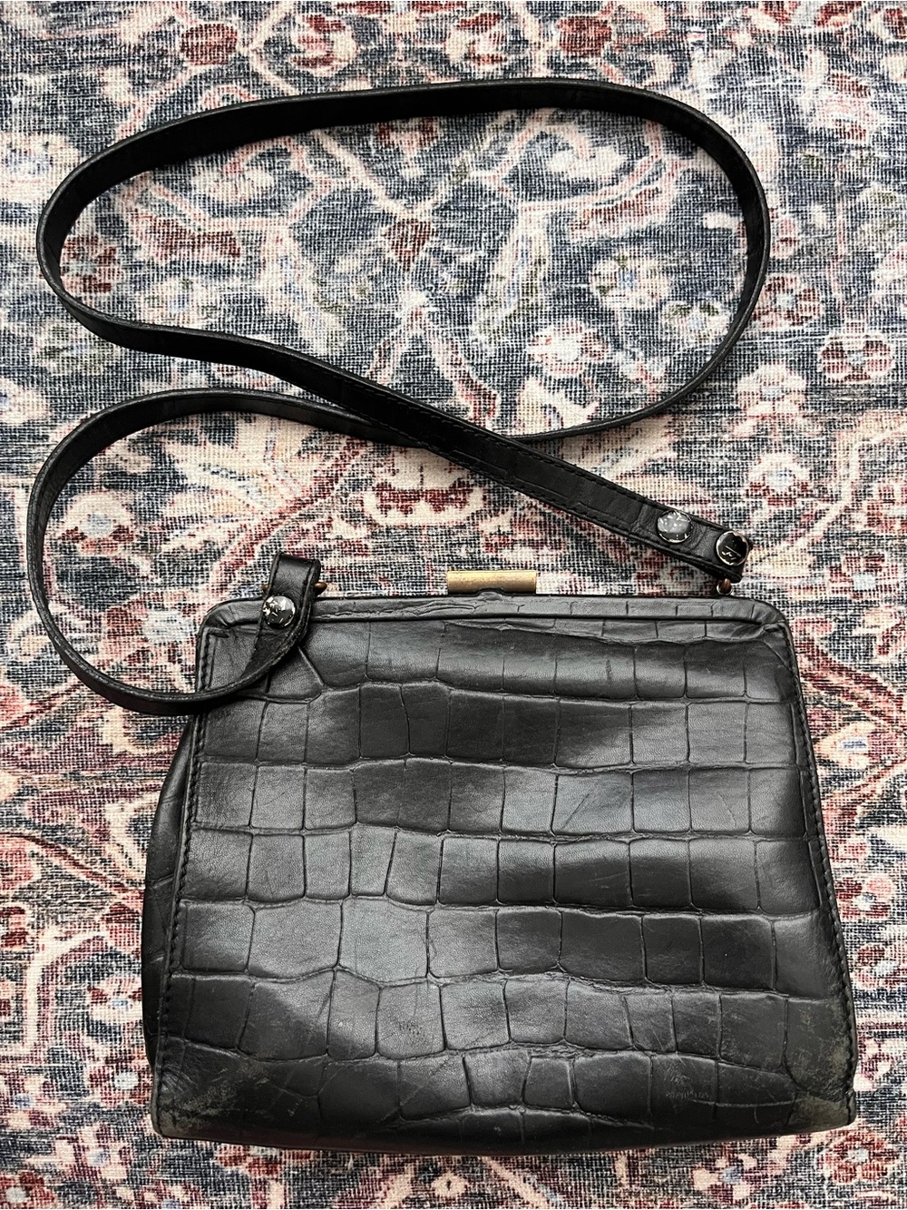 Vintage Genuine Leather Esprit Black Croc-Embossed Crossbody Bag